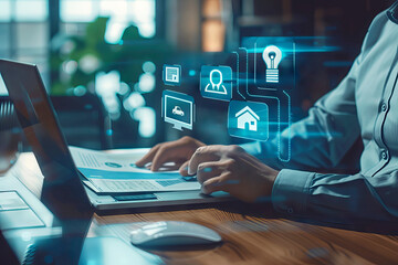 close up of insurance agent working on laptop with car, family, life and home insurance icons.
