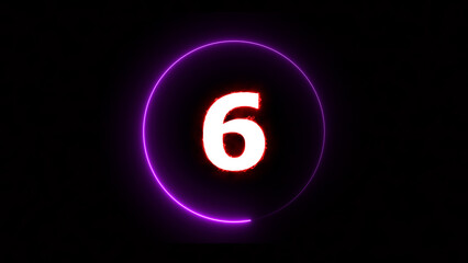 Abstract neon countdown 6 number illustration background 4k.