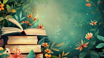 watercolor illustration, vintage postcard, Book Lovers Day, stack of books among tropical flowers and leaves, green background, copy space, free space for text