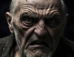 Obraz premium Close Up Portrait of an Angry Elderly Man With Gray Hair and a Black Shirt