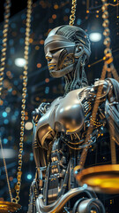 AI Robot Holding Scales of Justice With a Blindfold