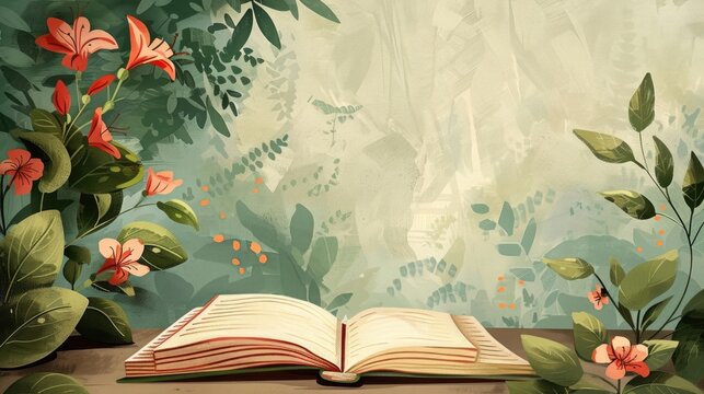 watercolor illustration, vintage postcard, Book Lovers Day, open book on the table among tropical flowers and leaves, green background, copy space, free space for text - Powered by Adobe