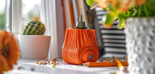 Minimalist orange pencil sharpener on a clean white desk, highlighting readiness for the new school year after summer.