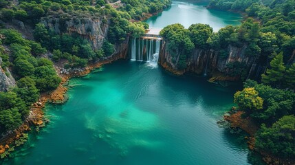 Fototapeta premium Serene landscape with green technology hydroelectric dam generating power