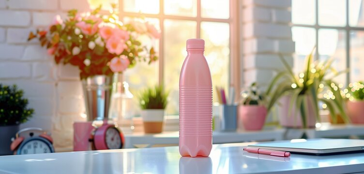 Minimalist pink water bottle on a clean desk, highlighting the start of school after summer break.