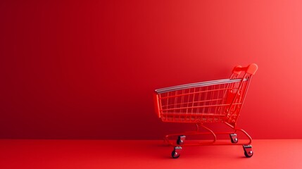 A bright red toy shopping cart is isolated against a matching red background