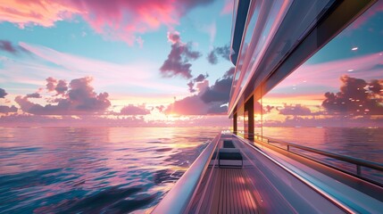 Obraz premium Luxury yacht in sea water at sunset with colorful sky.