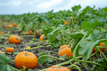In the soil, vines support a patch of pumpkins, a type of fruit. They are one variety of squash, a type of natural and healthy food plant, with a Rangpur citrus hanging above