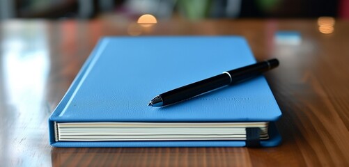 Sleek blue notebook with a black pen on a minimalist study table, welcoming students back to school after summer.