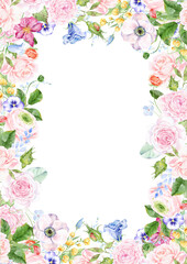 watercolor summer flowers frame, botanical border, watercolor floral template. Garden rose flowers invitation. Border frame banner. template with arrangement flower and leaves