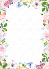 Scenic watercolor background, floral composition, Banner with flowers. Watercolor pink, blue, lilac floral background, light pink roses, summer spring flowers. 
Floral poster, invite. Greeting card, 