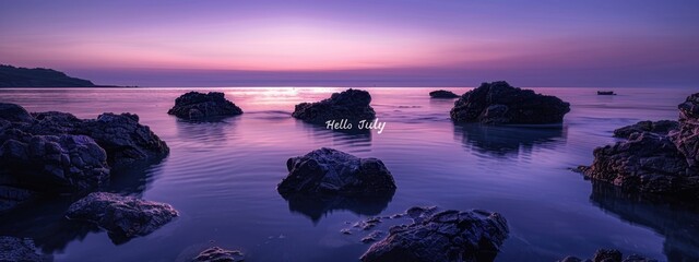 The words "Hello July" are written on the water surface in front of a calm sea with rocks The sunset sky has a purple color background with a minimalist banner design Generative AI