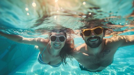 Underwater portrait of happy lovely couple in swimming pool.