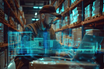 Warehouse Worker Using Laptop with Holographic Data Interface. Concept of Digital Inventory Management and Smart Warehousing. Background of Technological Innovation and Efficiency.