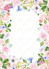 Scenic watercolor background, floral composition, Banner with flowers. Watercolor pink, blue, lilac floral background, light pink roses, summer spring flowers. 
Floral poster, invite. Greeting card, 