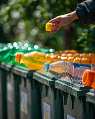 Naklejka premium hand throwing a plastic bottle cap into the bin for recycling