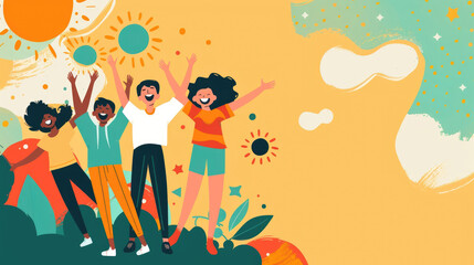 watercolor illustration, vintage postcard, International Youth Day, laughing crowd of friends on a bright colored background, copy space, free space for text