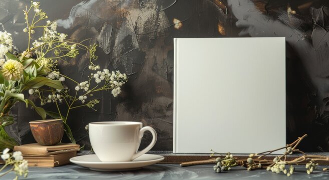 Blank white square book mockup next to an elegant coffee cup and flowers on the table