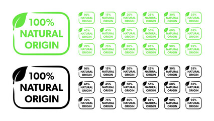 Natural origin labels with green leaves on a white background