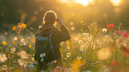 Woman Enjoying a Sunset Walk in a Flower Field