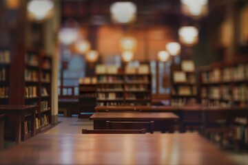 Blurred college library. Bookshelves and classroom in blurry focus