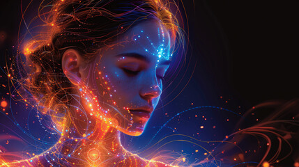 Fototapeta premium Radiant Harmony: Woman in Meditative Pose with Glowing Energy