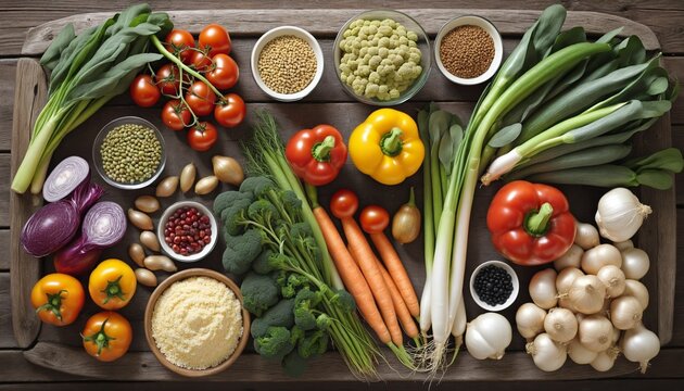 Sustainable plant-based proteins, fiber-rich whole grains, and antioxidant-packed produce beautifully presented on a eco-friendly wooden table, embodying a nutritious and conscious culinary experience