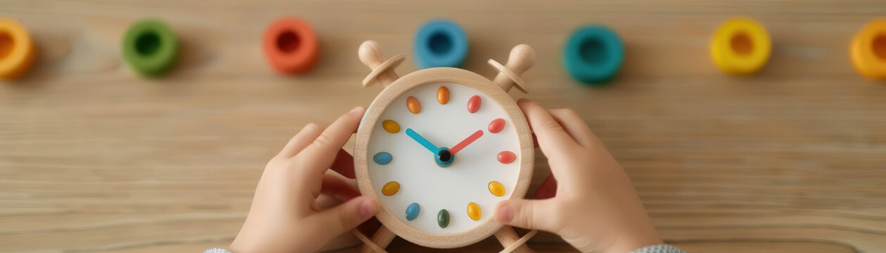 Educational wooden clock toy with movable hands, time learning