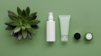Flat lay of mens facial care products, face wash, toner, and eye cream, minimalist and chic