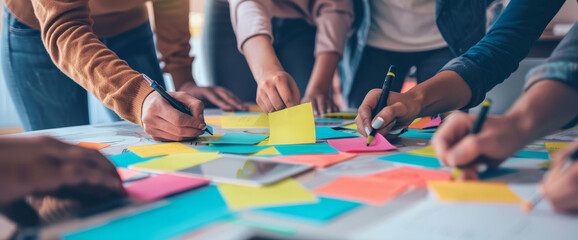 Obraz premium Close up of a team of people working together on a project at an office table