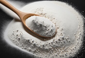 Closeup of a fresh, organic harvest of wheat flour with a wooden spoon on a black background, highlighting the natural colours and textures of this essential ingredient for baking and cooking