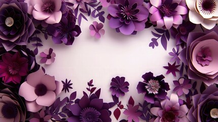 A delicate frame composed of paper cut flowers, showcasing shades of plum and orchid, arranged abstractly to encapsulate a spring theme.