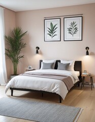 Farmhouse-inspired mockup poster adds a modern touch to a bright and cozy bedroom, showcasing contemporary Scandinavian design in a 3D render