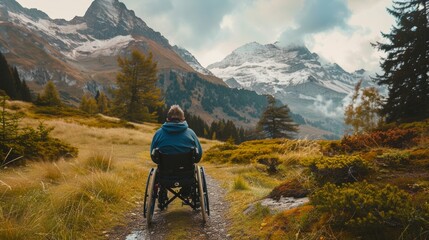 Fototapeta premium Adventure Wheelchair User Exploring Scenic Mountain Trail for Nature Enthusiasts and Travel Inspiration