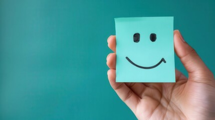 Hand holding a teal sticky note with a smiley face on a matching teal background