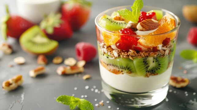 Yogurt parfait with layered fruits and nuts, nutritious dessert