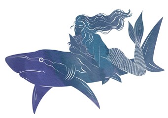 Mermaid rides a shark, watercolor painting
