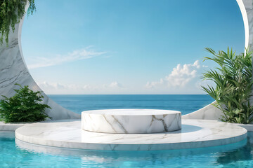 Obraz premium Podium water background product display scene 3d marble stand stone summer platform. Mockup background water beauty white podium rock space cosmetic stage blue presentation nature light pool black 