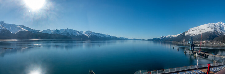 Blue skies and bright sun in Seward harbor, Alaska, USA