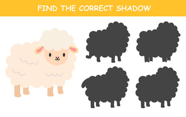 Find the correct shadow of the cute illustration of sheep. Educational logic game for children. Printable worksheet.	