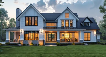 Modern White House With Large Windows at Dusk