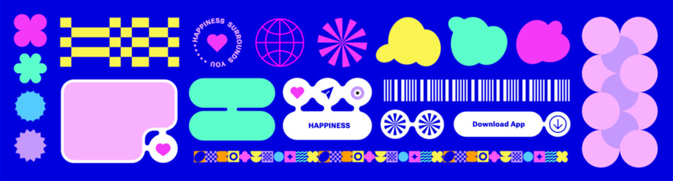 Set of Trendy Y2k Web Design elements, Funny stickers, bold shape. Web blocks, buttons concept. web shapes with trendy Y2k elements. Trending brick Ui UX template. Colorful retro empty sticker