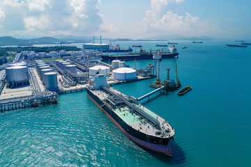 Aerial view oil and gas terminal storage tank farm,Tank farm storage chemical petroleum petrochemical refinery product, Business commercial trade fuel and energy transport by tanker vessel.	
