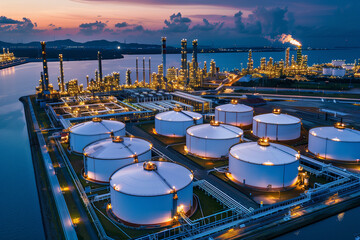 Aerial view oil and gas terminal storage tank farm,Tank farm storage chemical petroleum petrochemical refinery product, Business commercial trade fuel and energy transport by tanker vessel.	
