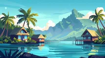 Naklejka premium Vector illustration of beautiful scenic landscape of tropical sea beach.