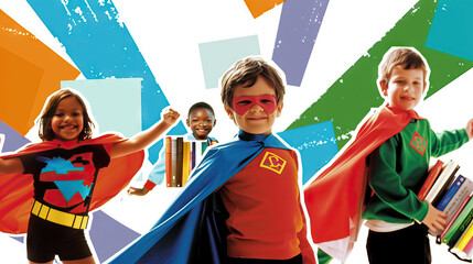 Confident Learners: Kids with Superhero Capes and Books, Symbolizing Confidence, Empowerment, and Love for Learning