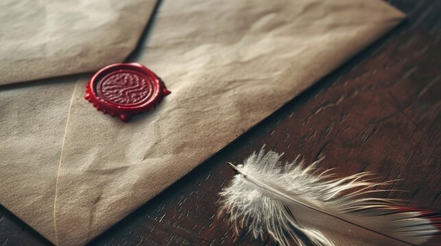 Feather close up on envelope with red seal and metal stamp