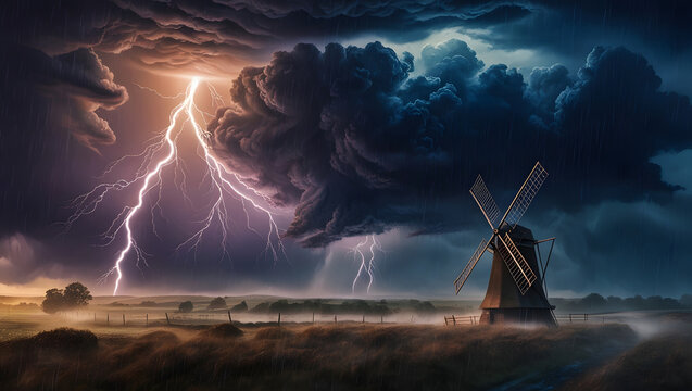 Windmill In the middle of a rainstorm and lightning.