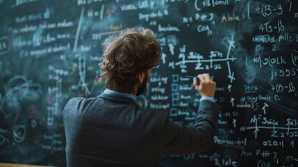 Scholar writing equations on a chalkboard covered in complex formulas, education, academic research
