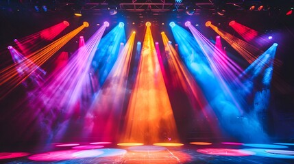 Vibrant Stage Lighting with Colorful Beams and Smoke